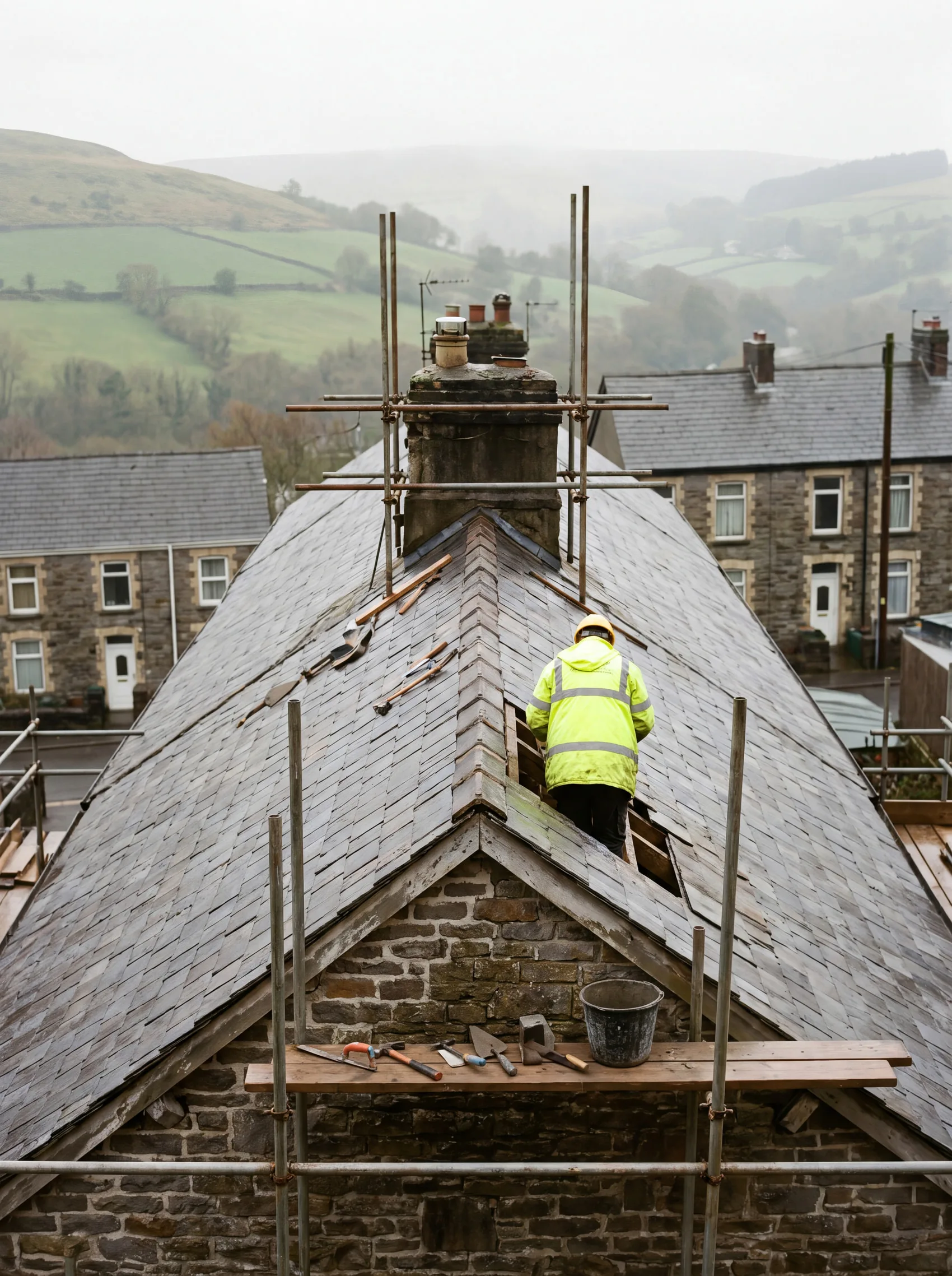 A roofer working on slate at the ridge of a terraced house, with scaffolding around