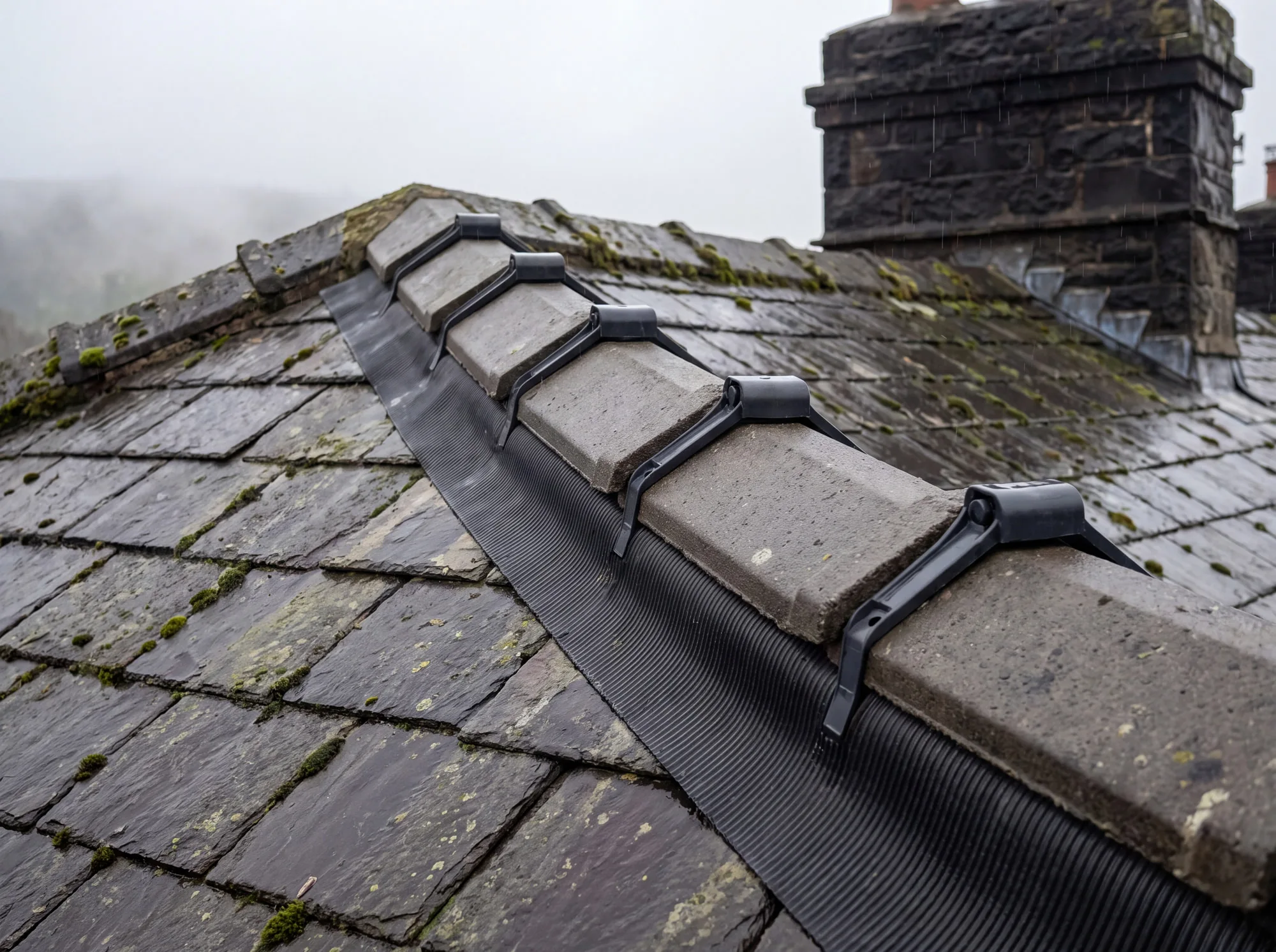 Ridge tiles fitted on a mechanical dry-ridge system along a tiled roof